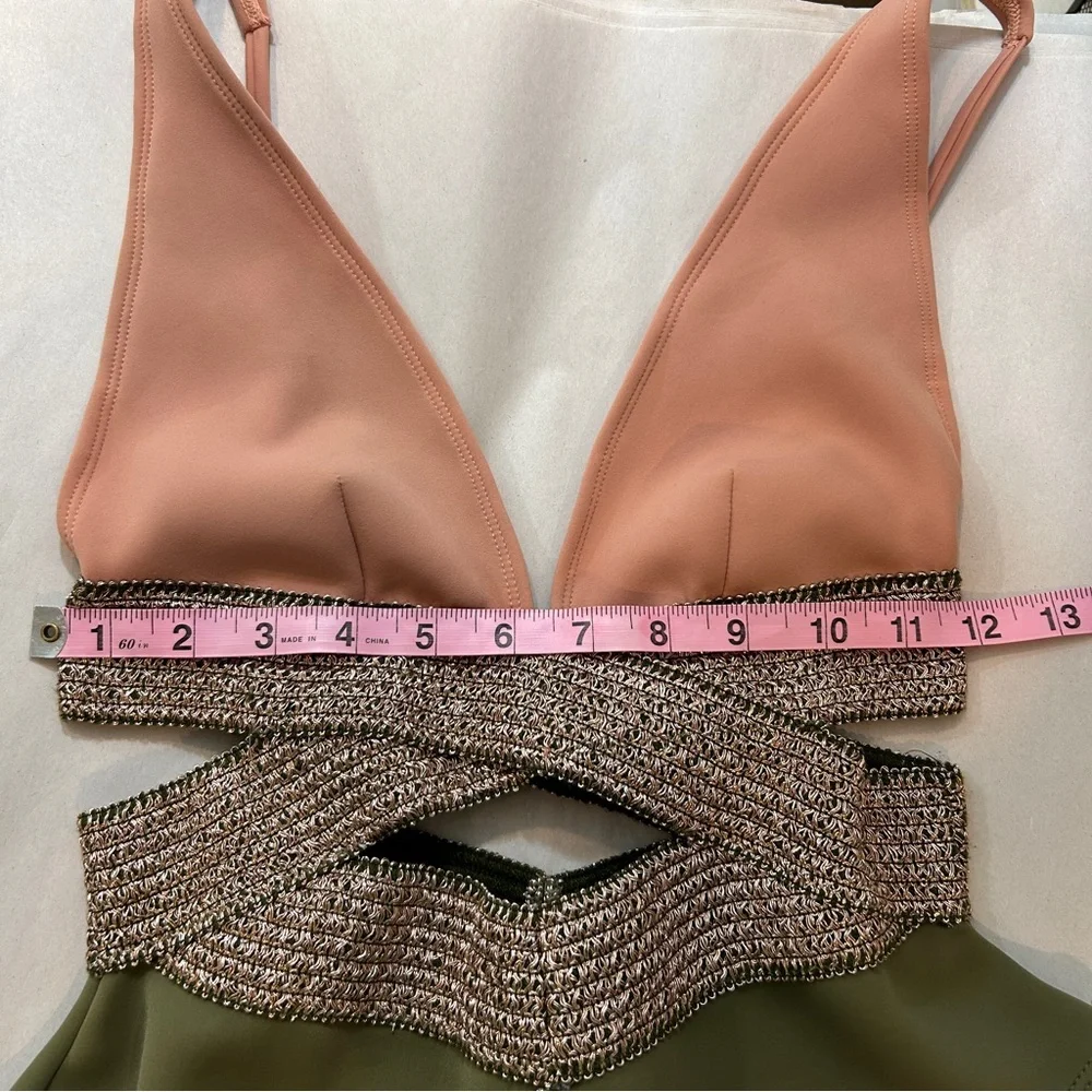 Chic Pink and Green One-Piece Saddle-Stitch Cutout Detail Swimsuit Size 10